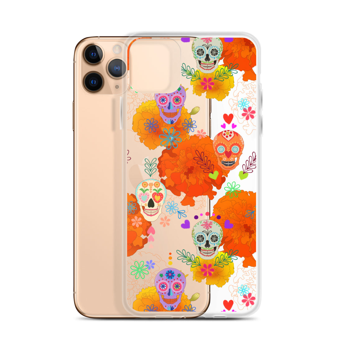 Colorful Sugar Skull iPhone® Clear Case featuring vibrant designs, offering protection against scratches and dust.