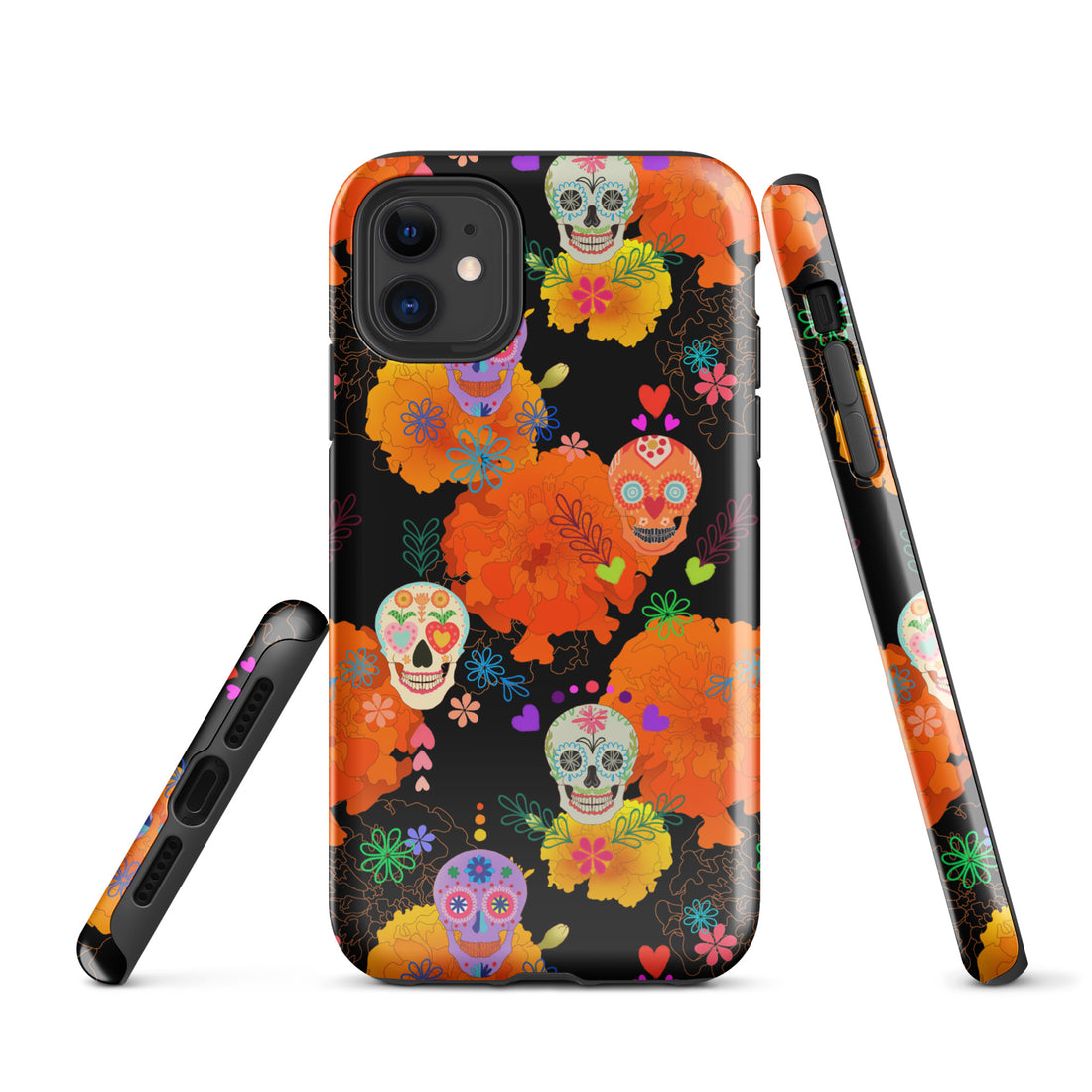 Stylish Sugar Skull iPhone® Tough Case features vibrant designs and dual-layer protection for year-round safety.
