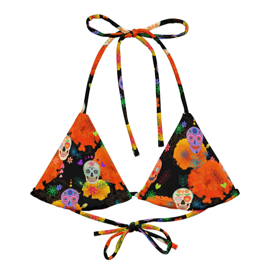 Bright and colorful Sugar Skull Padded String Bikini Top, perfect for summer with eco-friendly materials and UPF 50+.