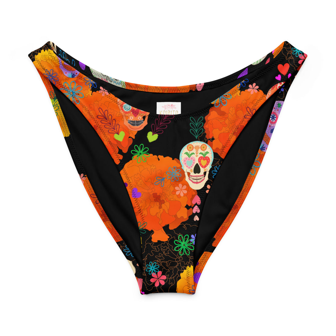 V-cut bikini bottom featuring vibrant sugar skull and floral designs, perfect for sunny days and beach fun.