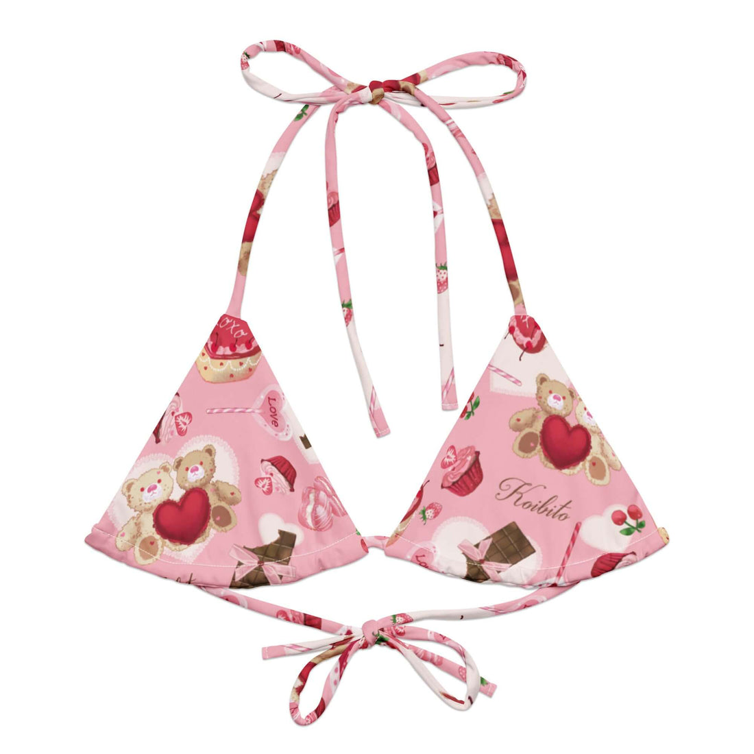 Sugar Sweetheart Padded String Bikini Top features a fun print, eco-friendly fabric, and adjustable straps for summer style.