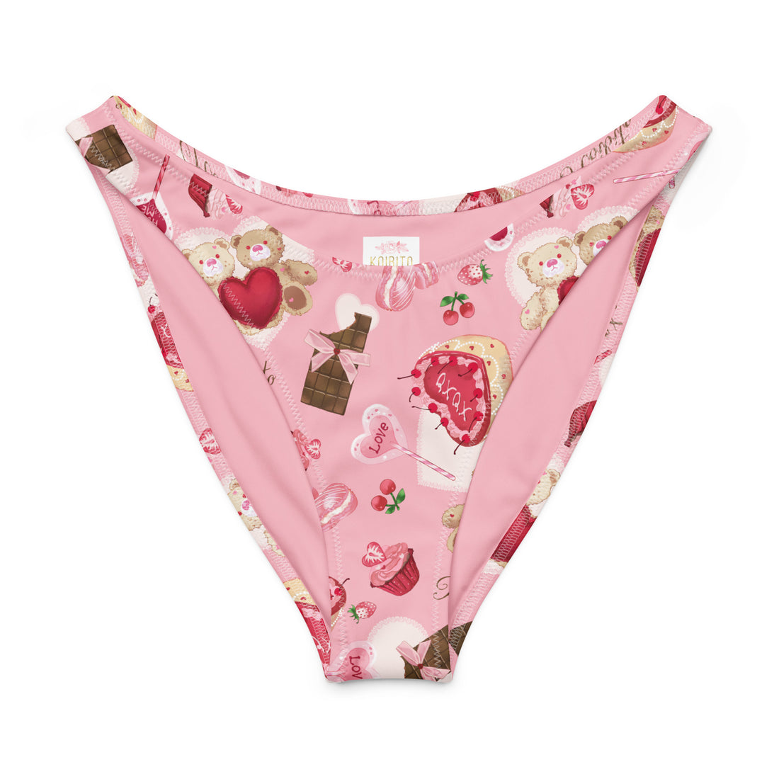 Sugar Sweetheart V-cut bikini bottom in pink, featuring cute bears and heart patterns for a fun summer look.