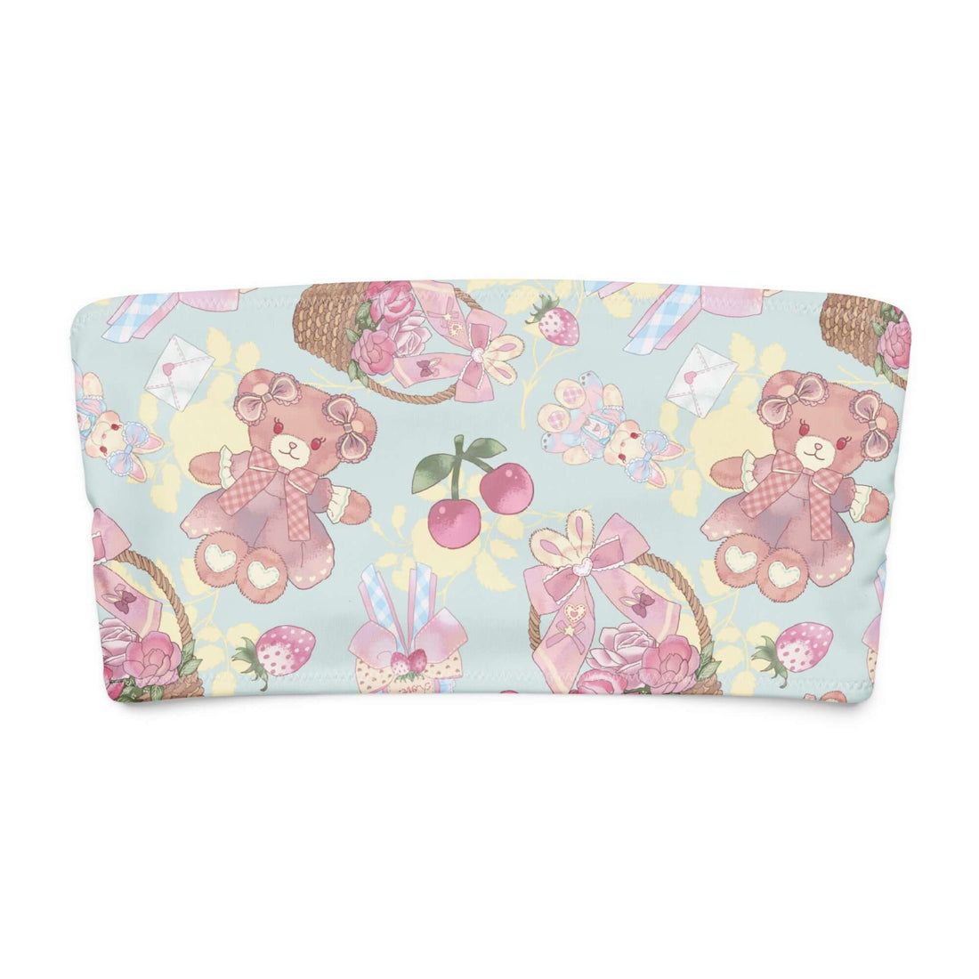 Sweet Teddy Bandeau Bikini Top with playful teddy bear and floral pattern in pastel colors.