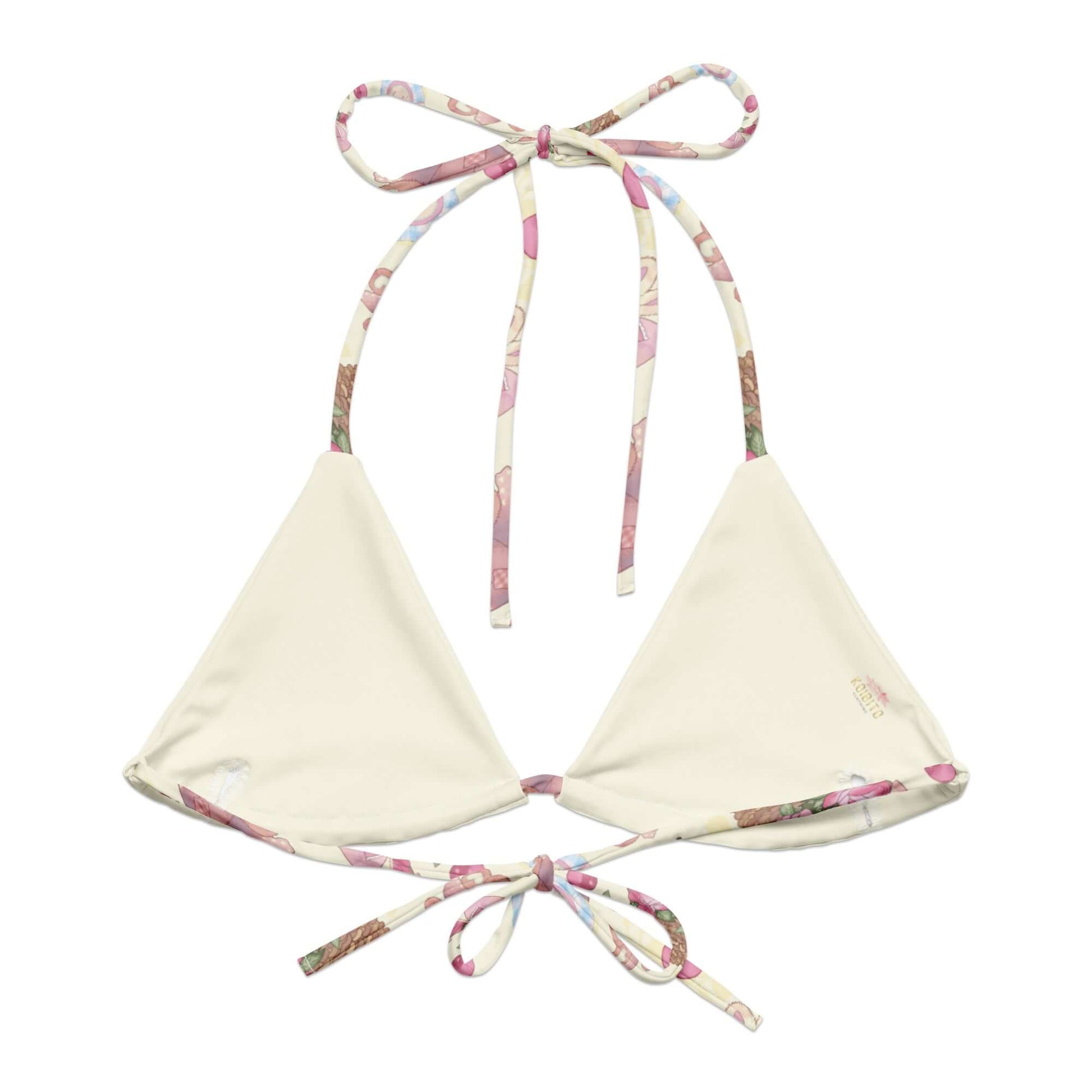Sweet Teddy Padded String Bikini Top features eco-friendly fabric and stylish ties, perfect for summer fun.