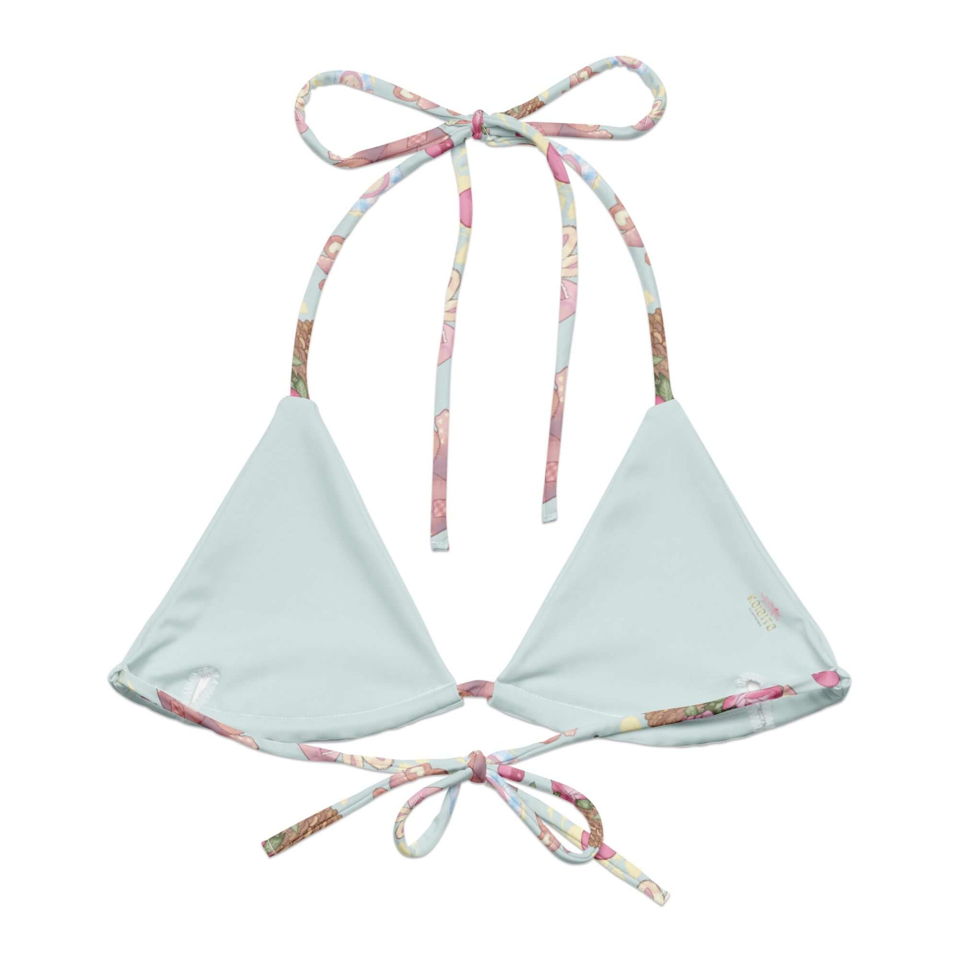 Sweet Teddy Padded String Bikini Top features eco-friendly fabric and stylish ties, perfect for summer fun.