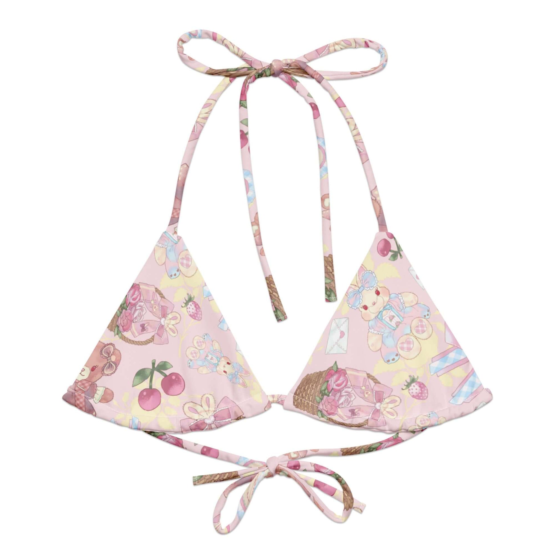 Sweet Teddy Padded String Bikini Top featuring an eco-friendly design and playful print, perfect for summer style.