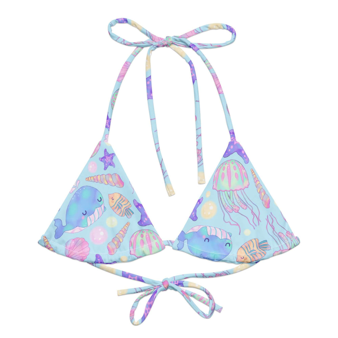 Bright and playful Under the Sea Padded String Bikini Top featuring eco-friendly prints, perfect for summer styling.