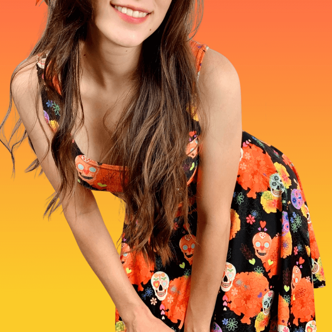 Vibrant Sugar Skull Skater Dress featuring colorful patterns, perfect for sunny days and fun outings.