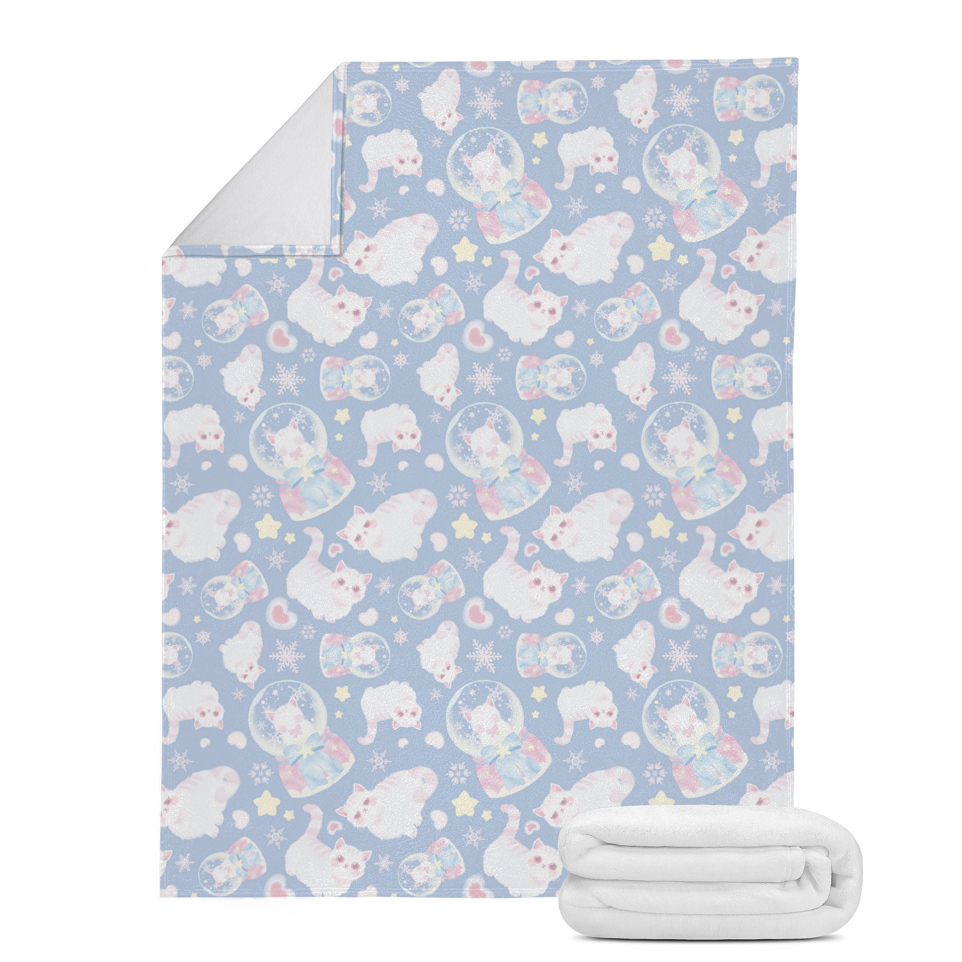 Cozy up with the Snow Kitten Blanket (Blue), featuring soft polyester and a warm micro fleece lining. Perfect for winter!