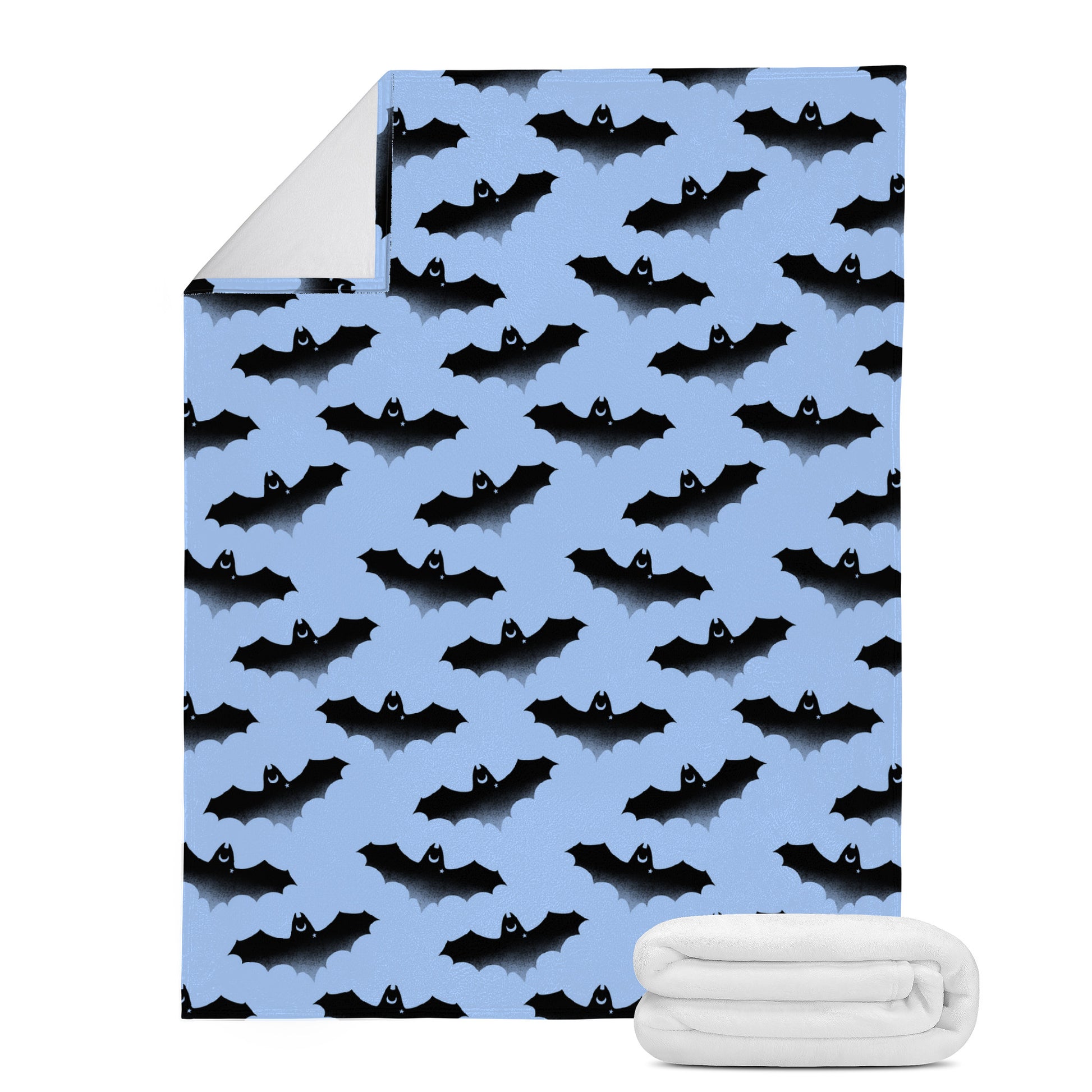 Cozy up with the Lilith Blanket (Black/Blue), featuring a unique bat design and ultra-soft micro fleece lining.