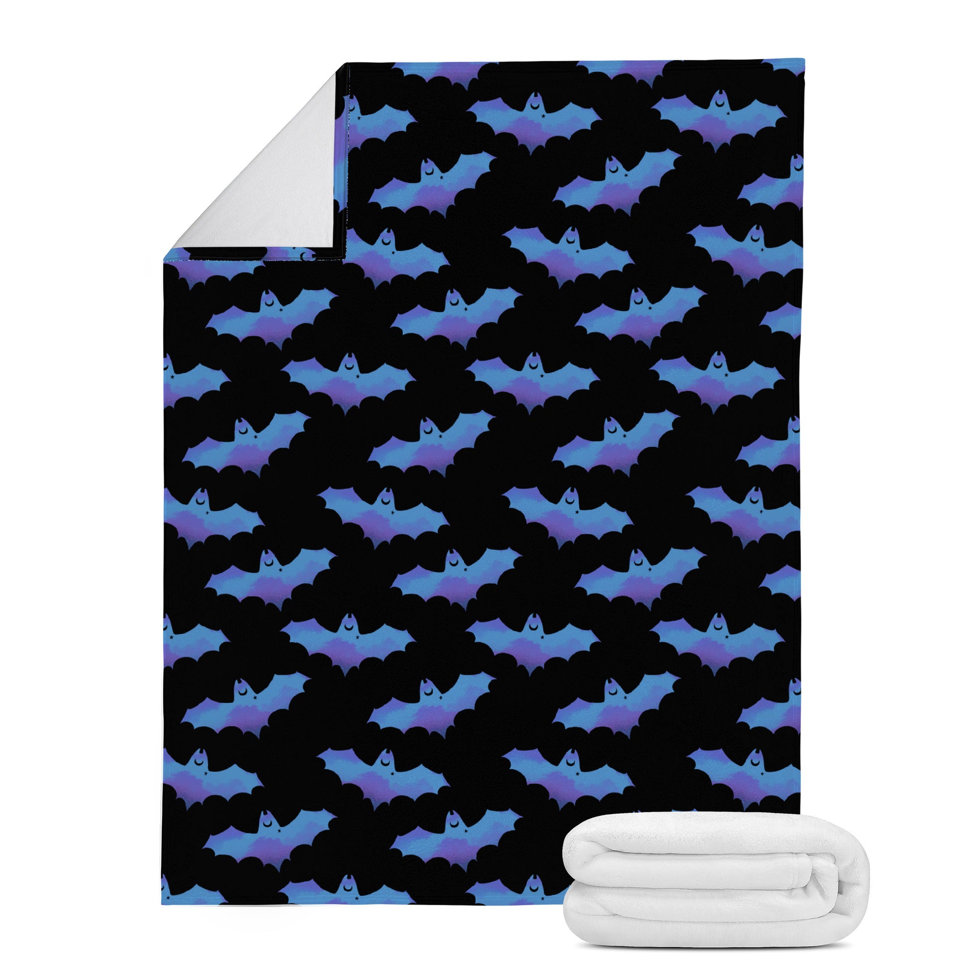 Cozy Lilith Blanket (Blue/Black) features a stylish bat pattern, perfect for warmth and comfort in any setting.