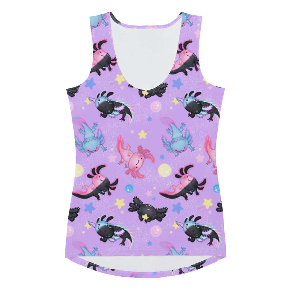 Bright and cheerful Axolotl Tank Top featuring adorable aquatic creatures, perfect for summer fun!