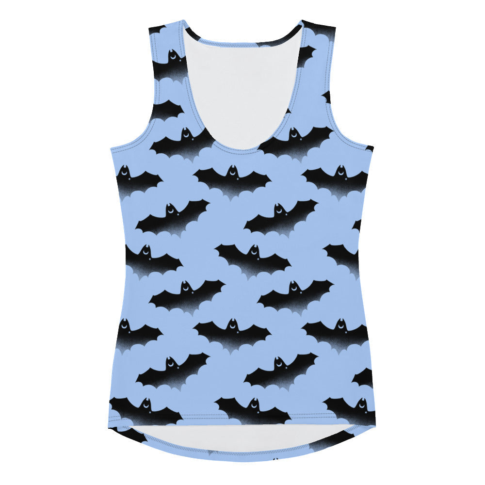 Adorable Lilith Tank Top featuring bats on a light blue background, perfect for sunny days and body-hugging style.