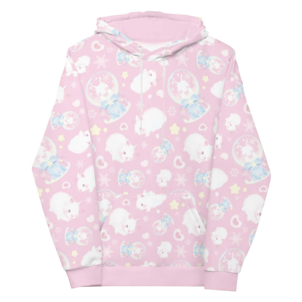 Cozy Snow Bunny Hoodie featuring adorable bunnies on a pastel pink background, perfect for warm fuzzy vibes.