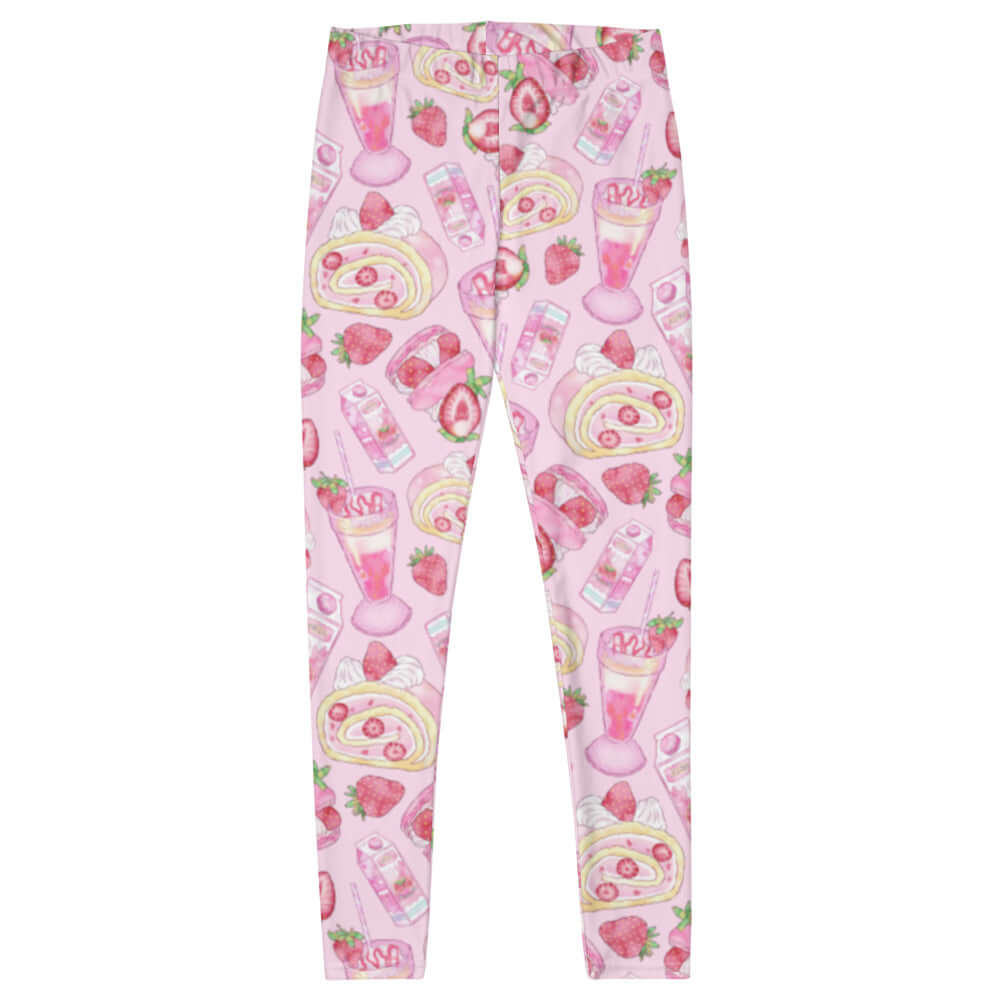 Colorful Strawberry Leggings with playful print of strawberries and desserts on a pink background.