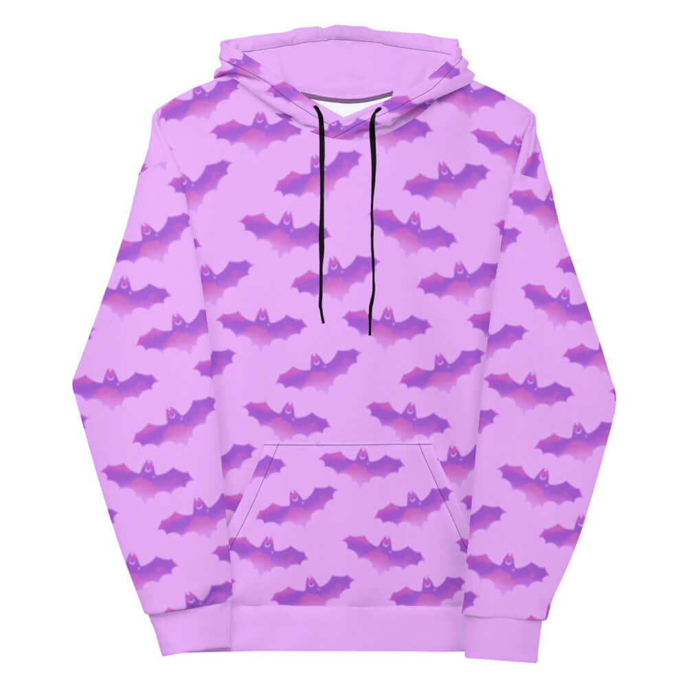 Cozy Aensland Hoodie featuring a vibrant bat print, perfect for fans of Morrigan and unique wardrobe staples.