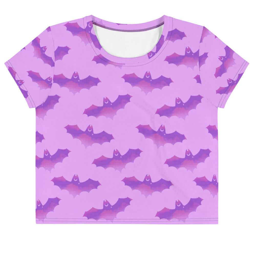 Aensland Crop Top featuring a vibrant bat print, perfect for workouts or casual wear. A stylish staple for your wardrobe.