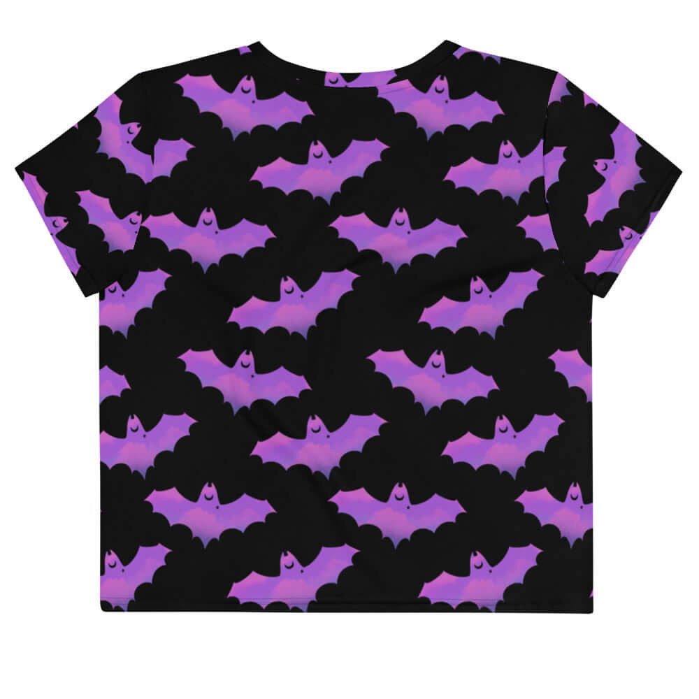Morrigan-inspired Aensland Crop Top with a playful bats and clouds design, perfect for workouts or casual wear.
