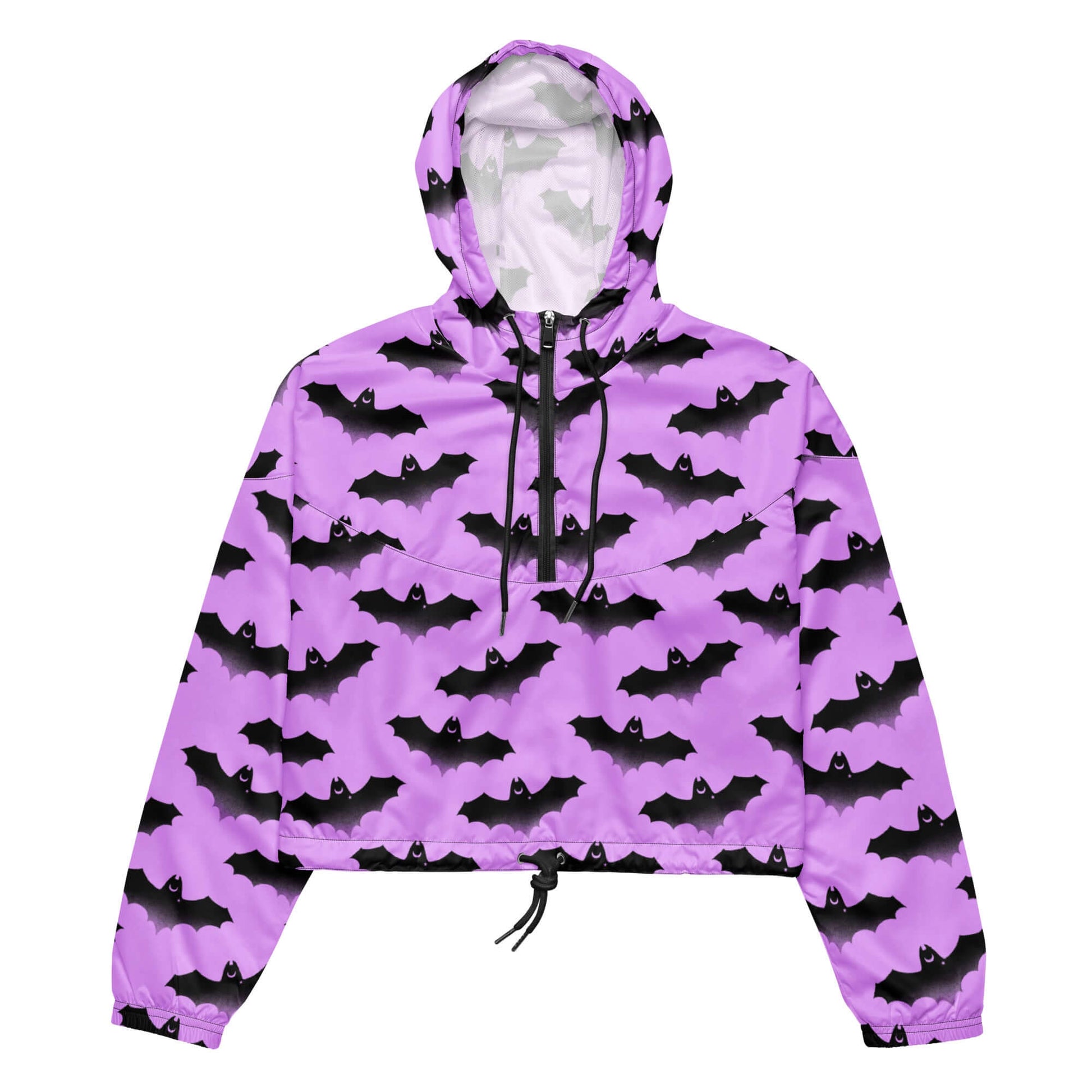 Aensland cropped windbreaker in vibrant purple with bat print, perfect for lightweight, waterproof adventures.