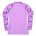 Aensland Rash Guard features a stylish purple bat print, perfect for sun protection during active sports.