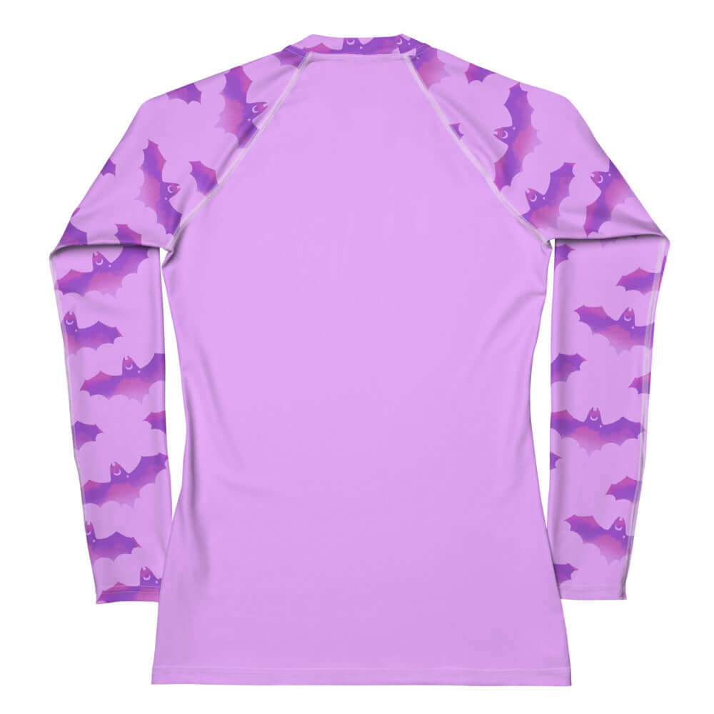 Aensland Rash Guard features a stylish purple bat print, perfect for sun protection during active sports.