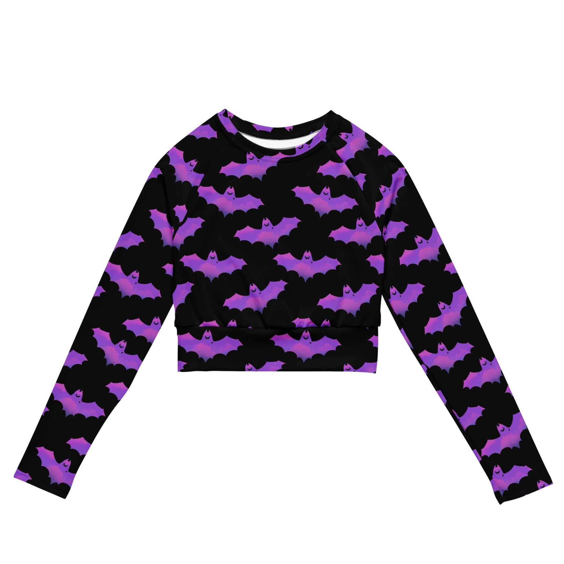 Aensland Long-sleeved Crop Top in bat print, eco-friendly and stylish for sports or athleisure wear.