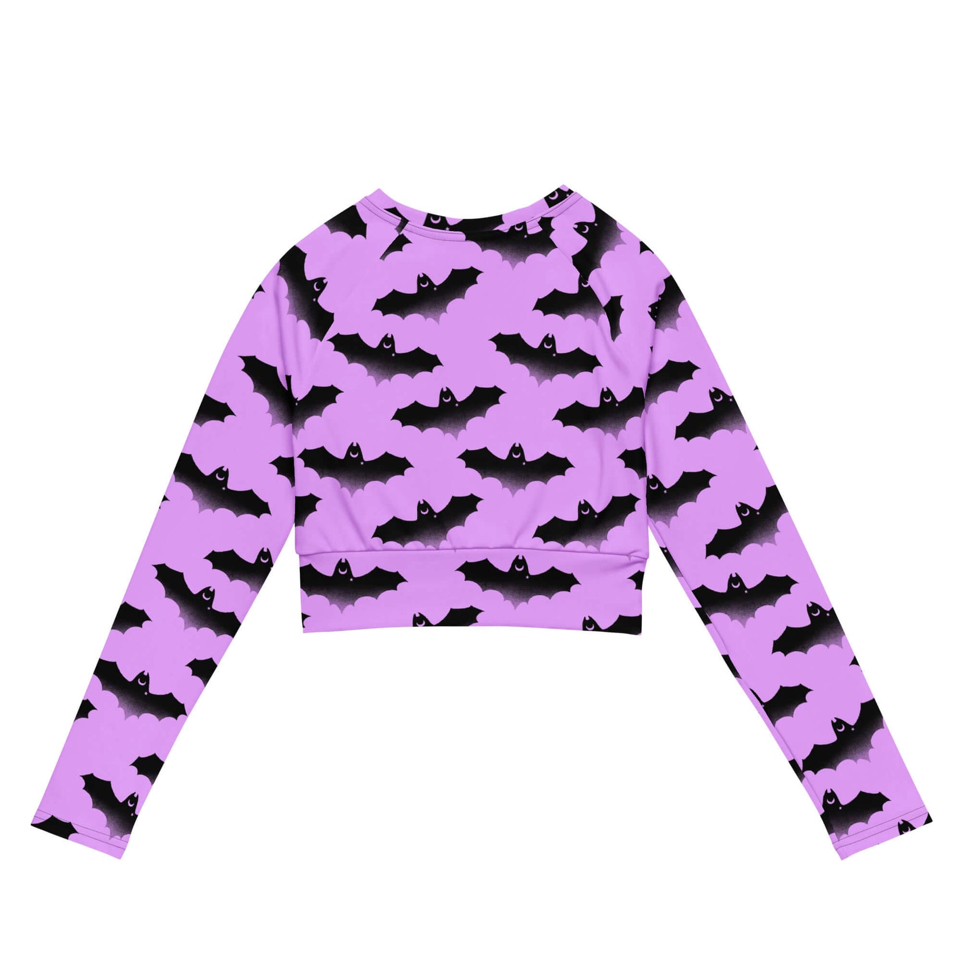 Aensland Long-sleeved Crop Top in purple with bat print, perfect for eco-friendly athleisure and sports outfits.