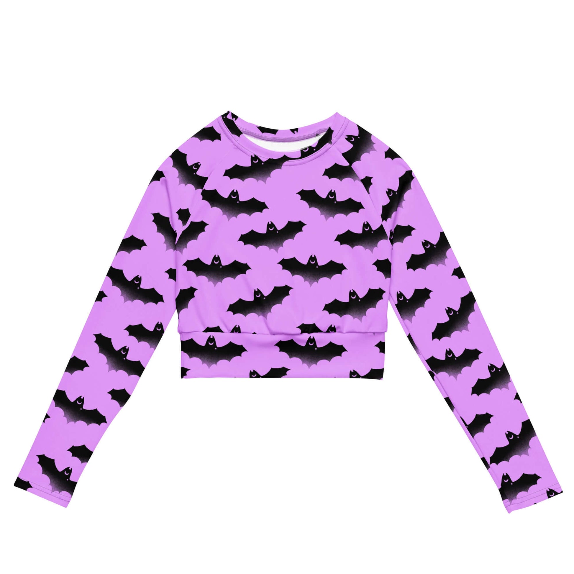 Aensland Long-sleeved Crop Top in stylish bat print, perfect for eco-friendly athleisure and comfortable fits.