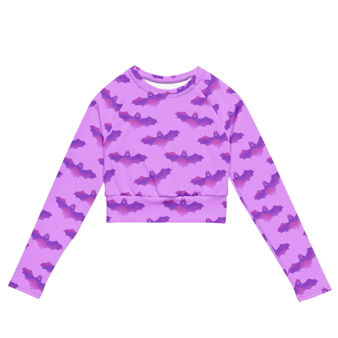 Aensland Long-sleeved Crop Top in vibrant bat print, perfect for eco-friendly athleisure and comfortable wear.
