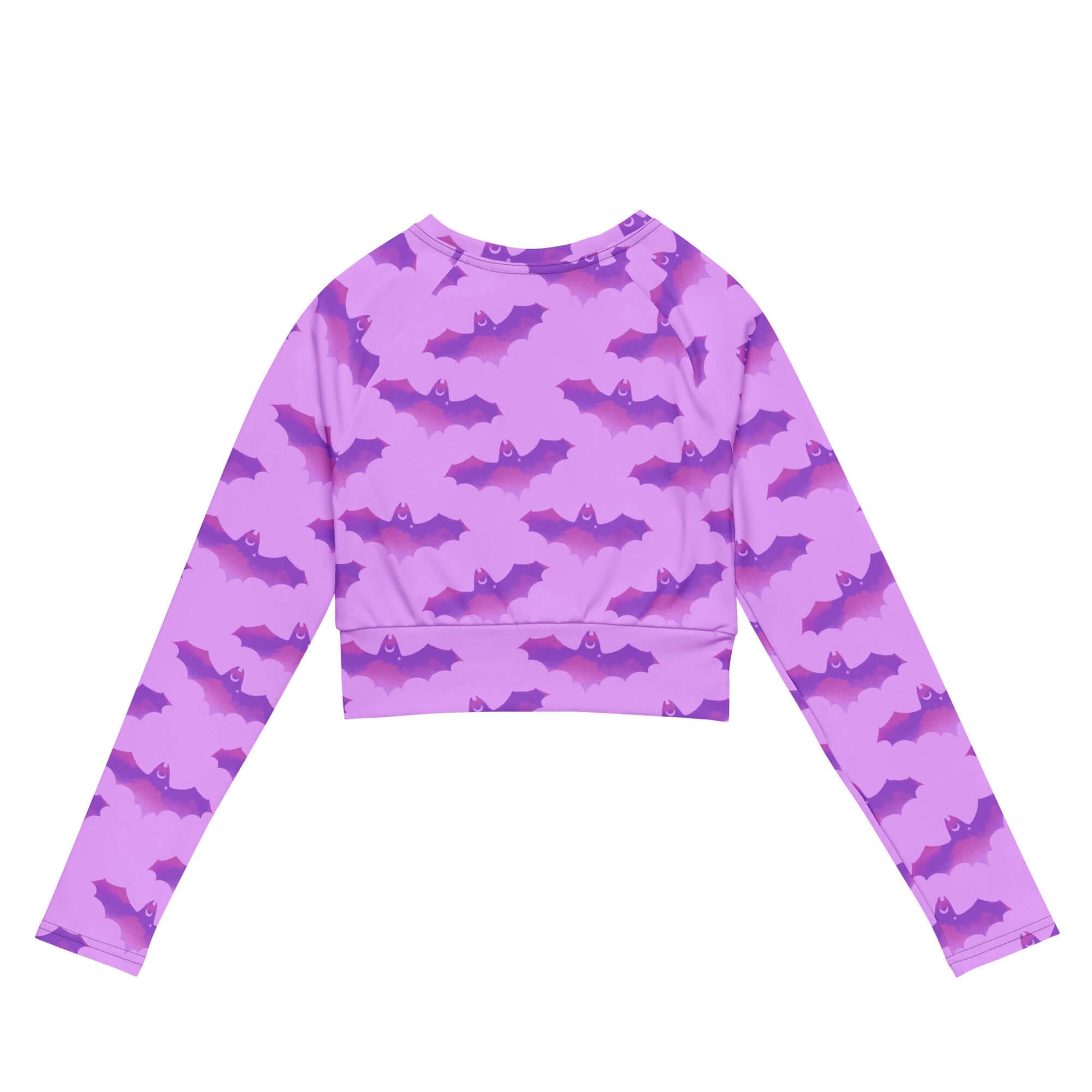 Aensland Long-sleeved Crop Top featuring a vibrant bat print, perfect for eco-friendly athleisure and sportswear.