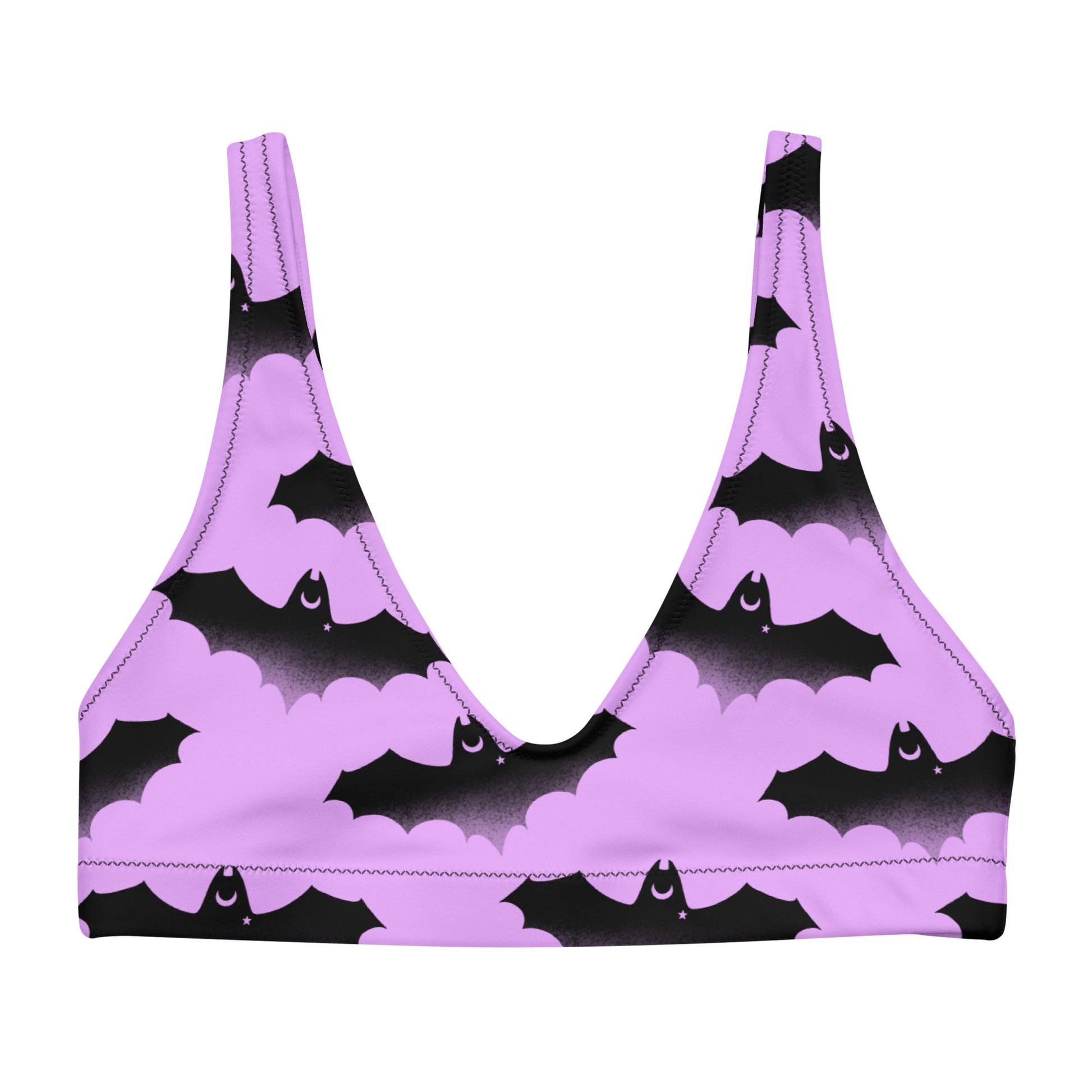 Trendy Aensland Padded Bikini Top features a playful bat design, perfect for sunny days at the beach.