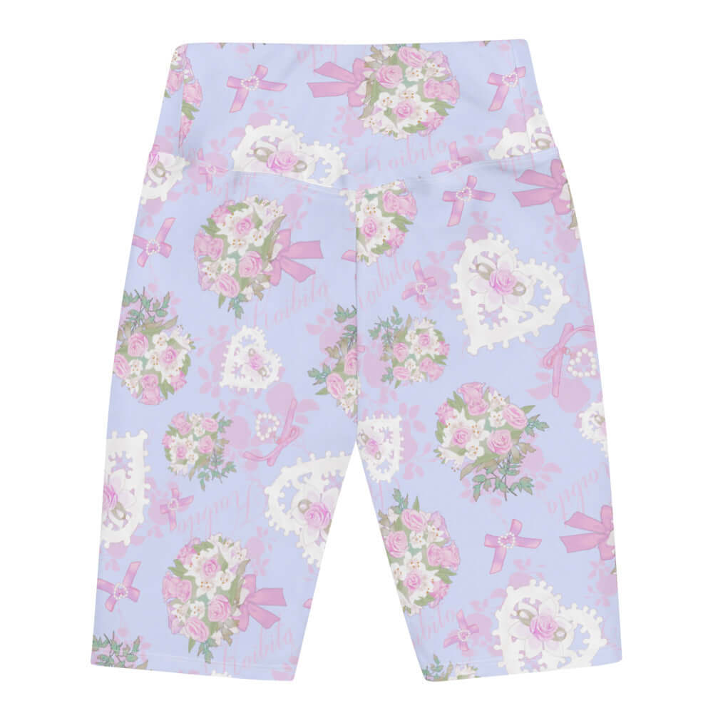High-waisted Anniversary Biker Shorts feature a floral design, perfect for casual outings or workouts.