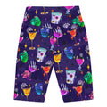 High-waisted Monster Party Biker Shorts feature a fun print of colorful drinks and spooky designs, perfect for workouts.