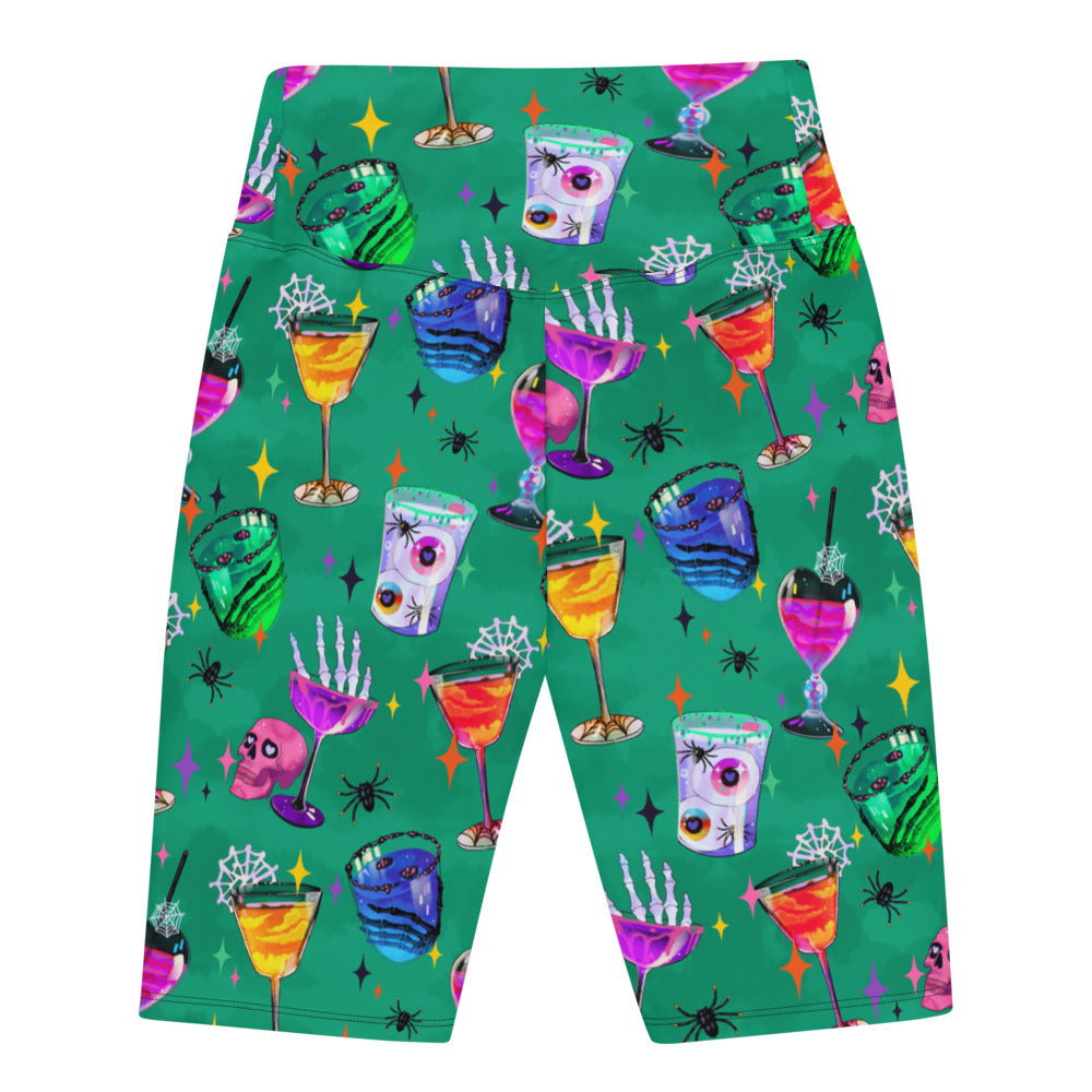 High-waisted Monster Party Biker Shorts with vibrant drink designs, perfect for workouts and making a fun statement.