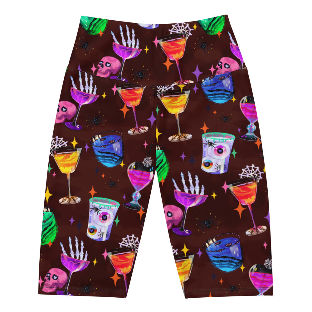High-waisted Monster Party Biker Shorts featuring fun drink and skull designs, perfect for workouts and stylish outings.