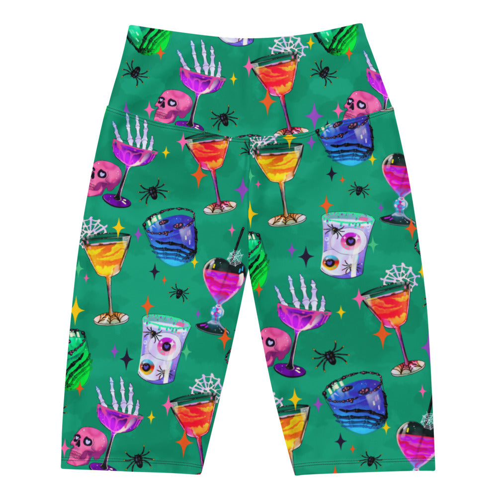 Bright and fun Monster Party Biker Shorts featuring vibrant drinks and skulls, perfect for workouts or casual wear.