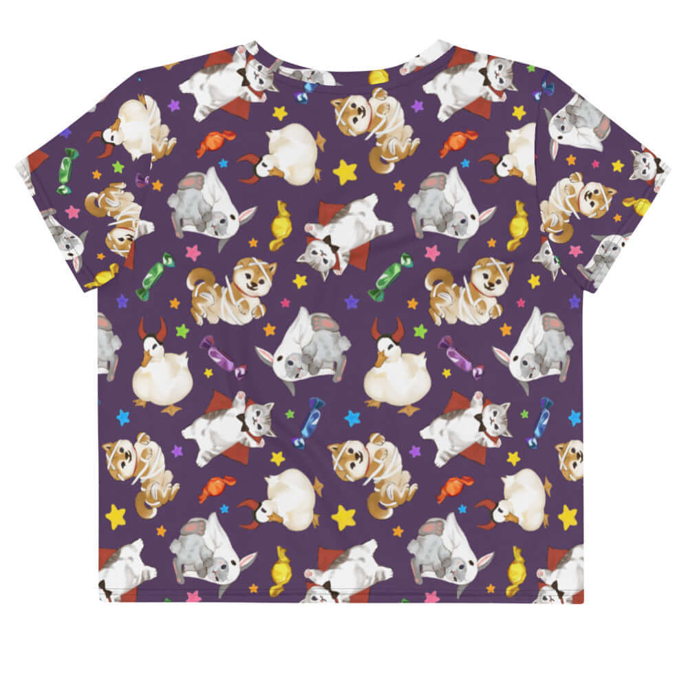 Colorful Trick or Treaters Crop Top featuring playful Halloween designs, perfect for festive October wear!