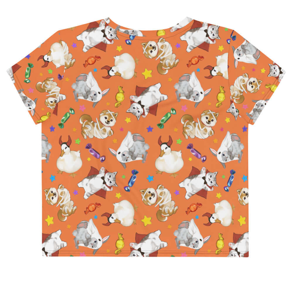 Colorful Trick or Treaters Crop Top featuring playful Halloween-themed designs, perfect for festive fun any time of year.
