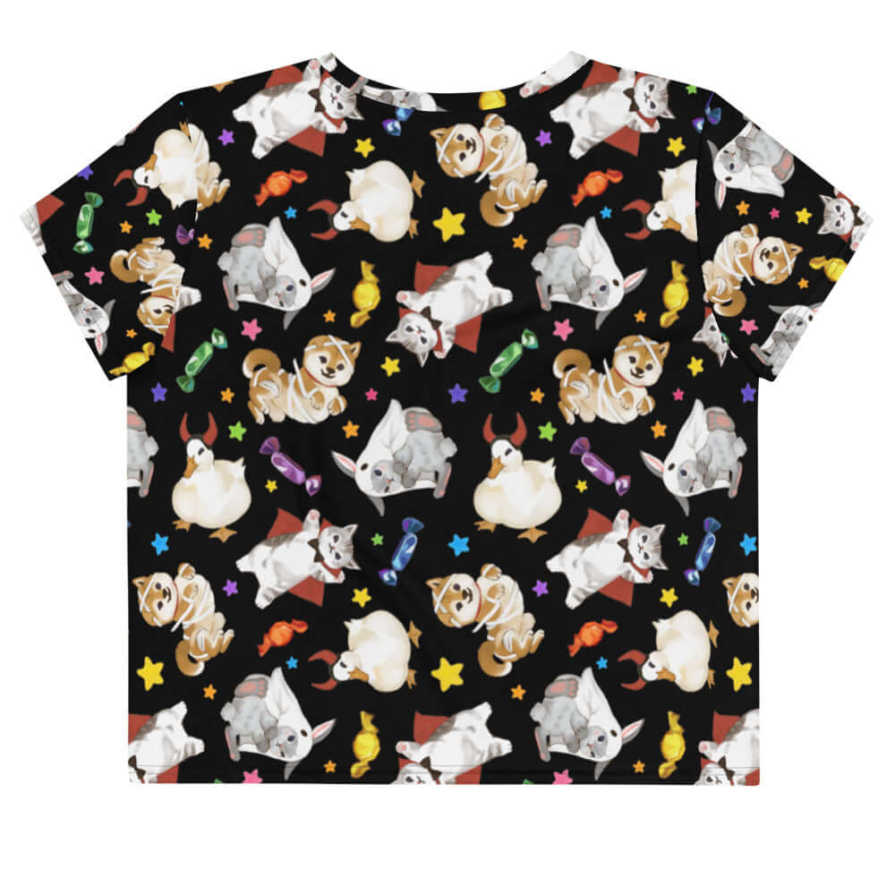 Festive Trick or Treaters Crop Top featuring playful animal designs, perfect for Halloween and year-round fun!
