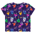 Colorful Monster Party Crop Top featuring fun designs, perfect for showcasing your inner ghoul in style.