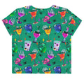 Vibrant Monster Party Crop Top featuring playful ghoul designs, perfect for a fun, casual look any occasion.