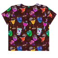 Colorful Monster Party Crop Top featuring fun designs, perfect for showcasing your inner ghoul. Soft and stylish!