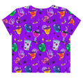 Vibrant Monster Party Crop Top featuring fun Halloween designs, perfect for showcasing your inner ghoul in style.