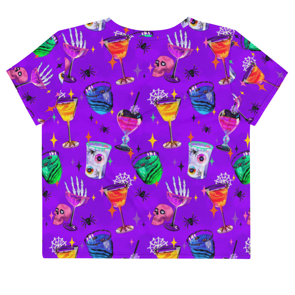 Vibrant Monster Party Crop Top featuring fun Halloween designs, perfect for showcasing your inner ghoul in style.