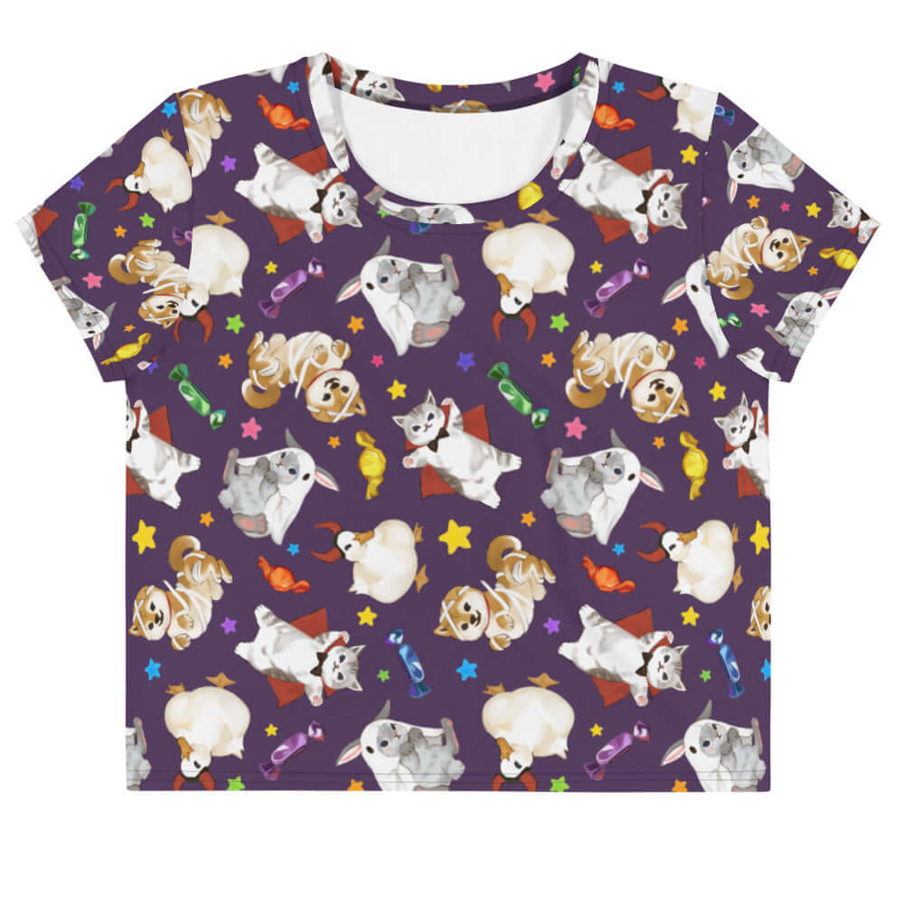 Cute and colorful Trick or Treaters Crop Top perfect for Halloween fun, available at your favorite store!