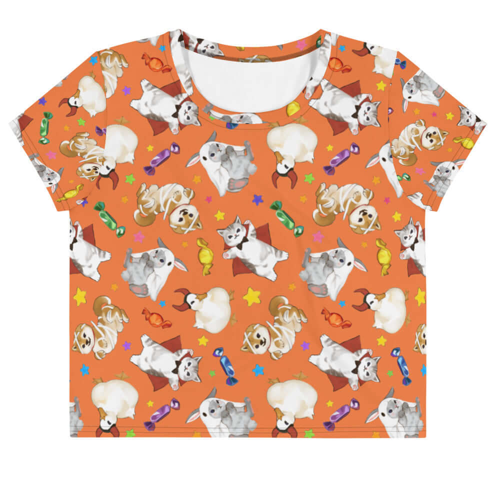 Trick or Treaters Crop Top features playful Halloween designs, perfect for festive fun any time of year!