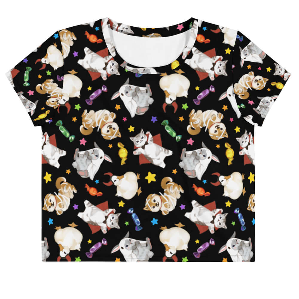 Colorful Trick or Treaters Crop Top featuring playful Halloween designs, perfect for festive fun all year round!