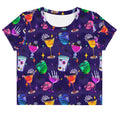 Colorful Monster Party Crop Top featuring fun ghoul-themed prints, perfect for showcasing your playful style.