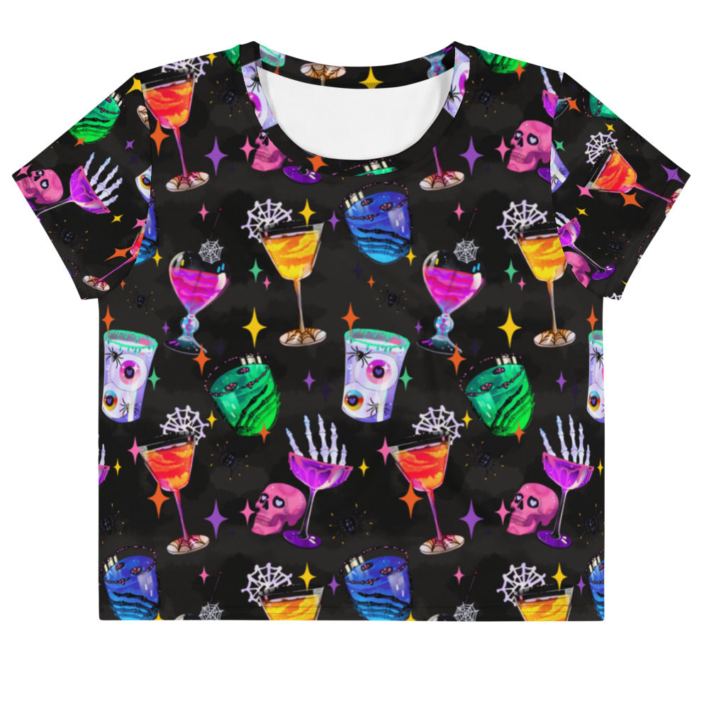 Colorful Monster Party Crop Top featuring fun designs, perfect for showcasing your inner ghoul in style.