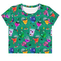 Vibrant Monster Party Crop Top featuring fun ghoul designs, perfect for a stylish, comfortable look.